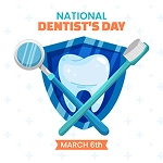 Illustration of a tooth with crossed dental mirror and toothbrush behind it, commemorating National Dentist's Day on March 6th.